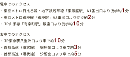電車でのアクセス　東京メトロ日比谷線・地下鉄浅草線「東銀座駅」A1番出口より徒歩約1分、東京メトロ銀座線「銀座駅」A5番出口より徒歩約2分、JR山手線「有楽町駅」銀座口より徒歩約10分。お車でのアクセス　JR東京駅八重洲口より車で約10分、首都高速（環状線） 銀座出口より車で約3分、首都高速（環状線） 汐留出口より車で約5分